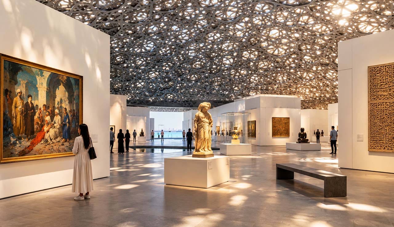 Interior gallery at Louvre Abu Dhabi with artwork displays